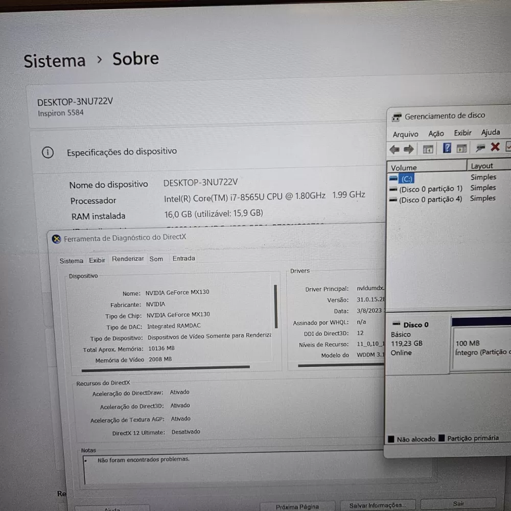 Notebook Dell i7 8th - 16Gb Ram - GeForce MX130 - SSD Notebook Dell i7 8th - 16Gb Ram - GeForce MX130 - SSD