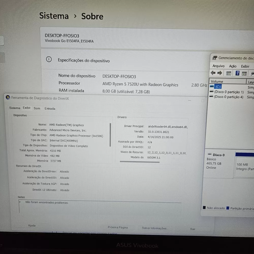 Notebook Asus VivoBook Ryzen 5 7520U - 8Gb Ram - AMD Radeon Graphics - 512Gb SSD Notebook Asus VivoBook Ryzen 5 7520U - 8Gb Ram - AMD Radeon Graphics - 512Gb SSD