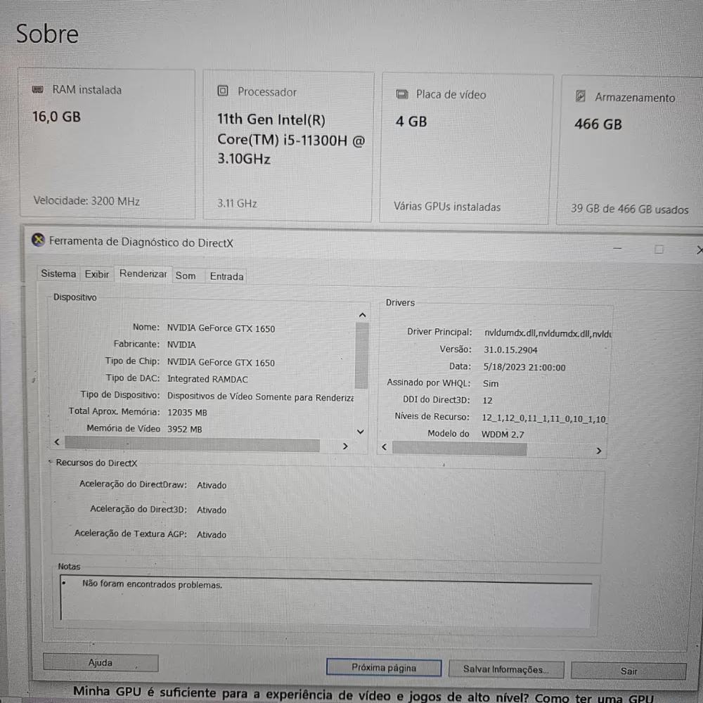 Notebook Lenovo Gaming i5 11th - 16Gb Ram - GTX 1650 - 512Gb SSD Notebook Lenovo Gaming i5 11th - 16Gb Ram - GTX 1650 - 512Gb SSD